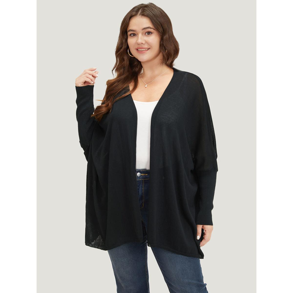 Plus Size Plain Open Front Batwing Sleeve Elastic Cuffs Cardigan Black Women Casual Loose Long Sleeve Everyday Cardigans BloomChic 28/5X Product Image