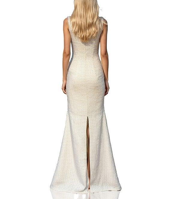 Terani Couture Embellished Boat Neck Sleeveless Tweed Column Gown Product Image