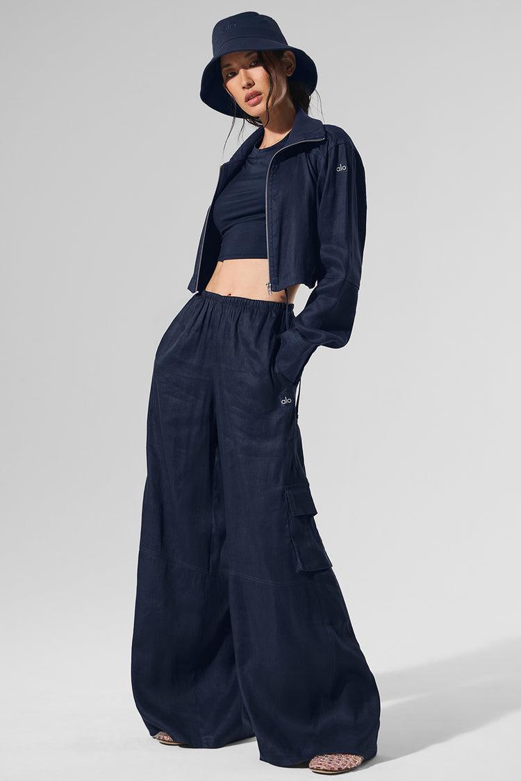 Linen Getaway Cargo Wide Leg Pant - Navy Female Product Image