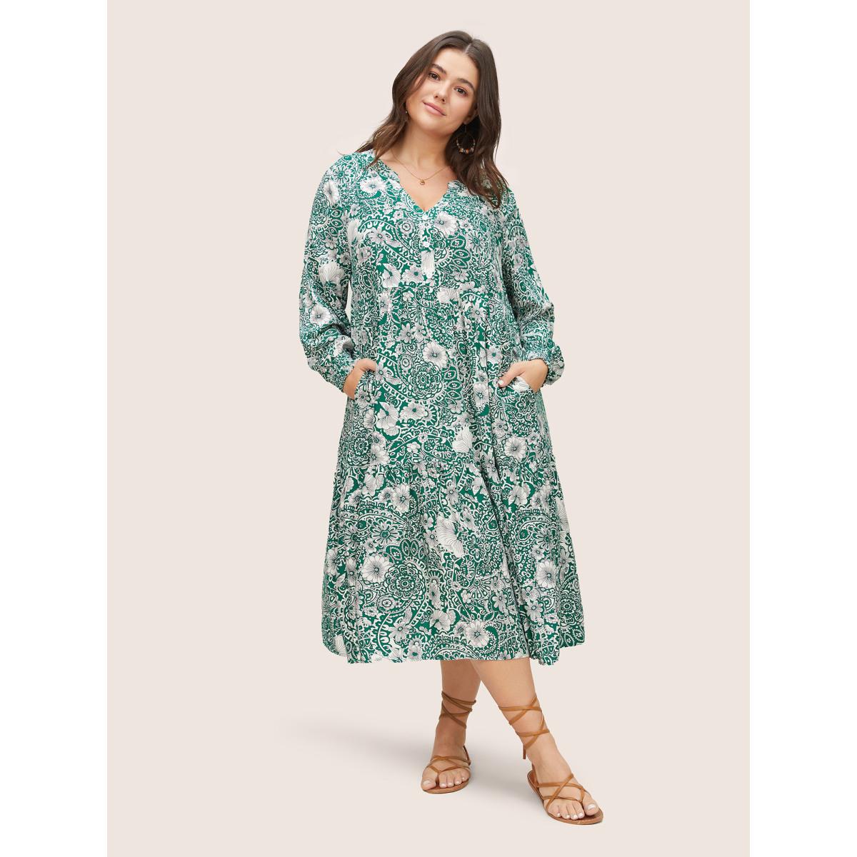 Plus Size Floral Shirred Button Detail Lantern Sleeve Dress Emerald Women Resort Non Notched collar Long Sleeve Curvy Midi Dress BloomChic 26/4X Product Image