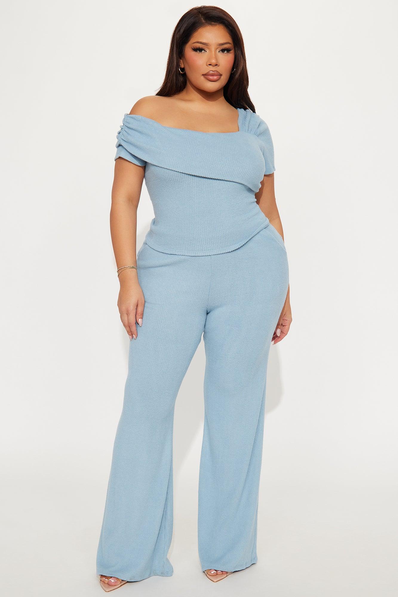 Mia Off Soulder Flare Pant Set - Blue Product Image