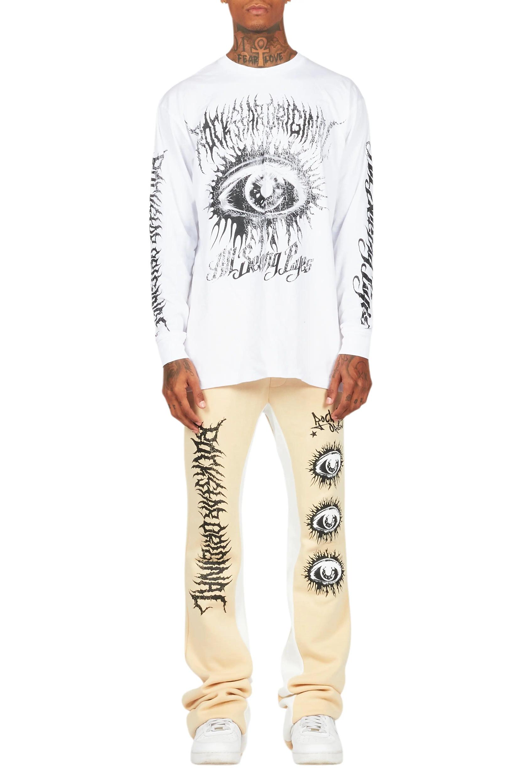 All Seeing Eyes White/Beige Long Sleeve T-Shirt/Baggy Pant Set Male Product Image