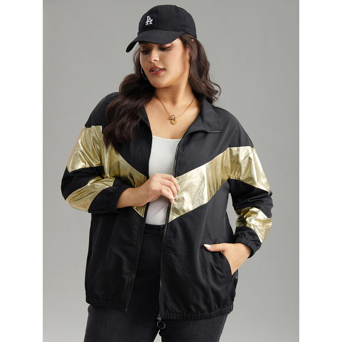 Plus Size Geometric Patchwork Contrast Zipper Jacket Women Black Elastic cuffs Pocket Dailywear Jackets BloomChic 18-20/2X Product Image