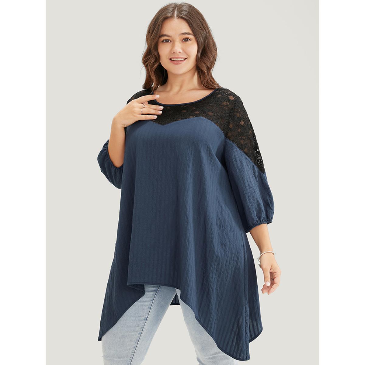 Plus Size Indigo Plain Contrast Lace Asymmetrical Lantern Sleeve Blouse Women Elegant Elbow-length sleeve V-neck Dailywear Blouses BloomChic 18-20/2X Product Image