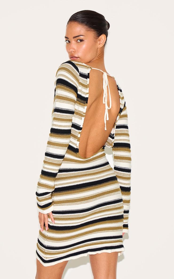 Petite Green Knitted Stripe Long Sleeve Mini Dress Product Image