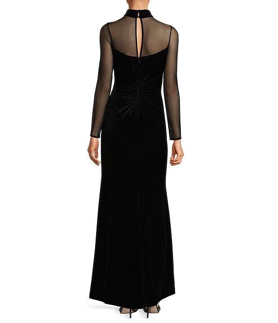Eliza J Mock Neck Mesh Stretch Velvet Side Ruched Long Illusion Sleeve Keyhole Back Gown Product Image
