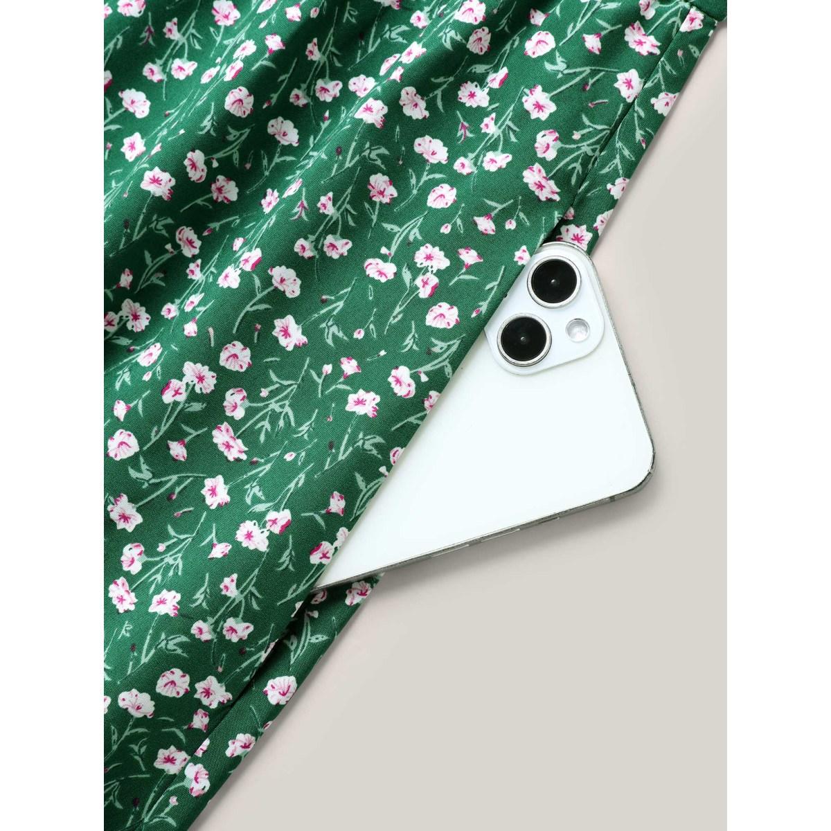 Plus Size Floral Print Split Neck Pockets Midi Dress Emerald Women Timeless Gathered Notched collar Short sleeve Curvy BloomChic 14-16/1X Product Image