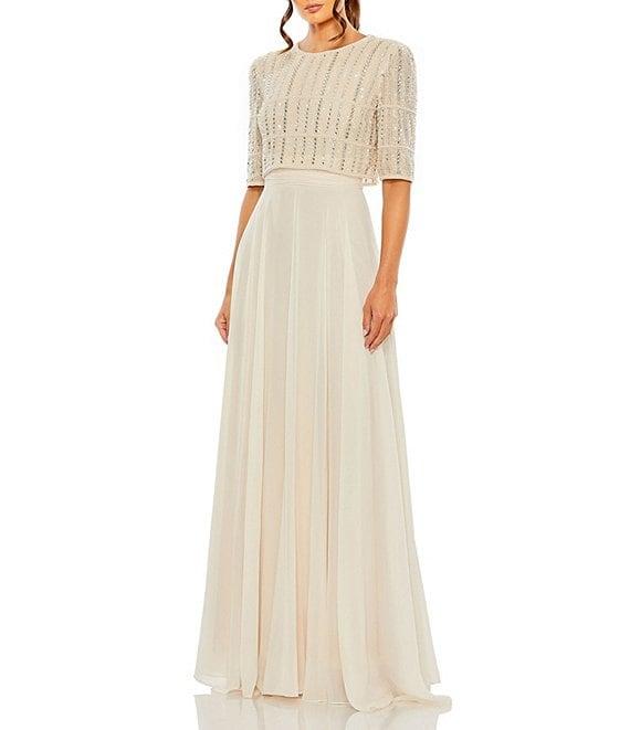 Mac Duggal Crew Neck Half Sleeve Beaded Bodice A-Line Gown Product Image