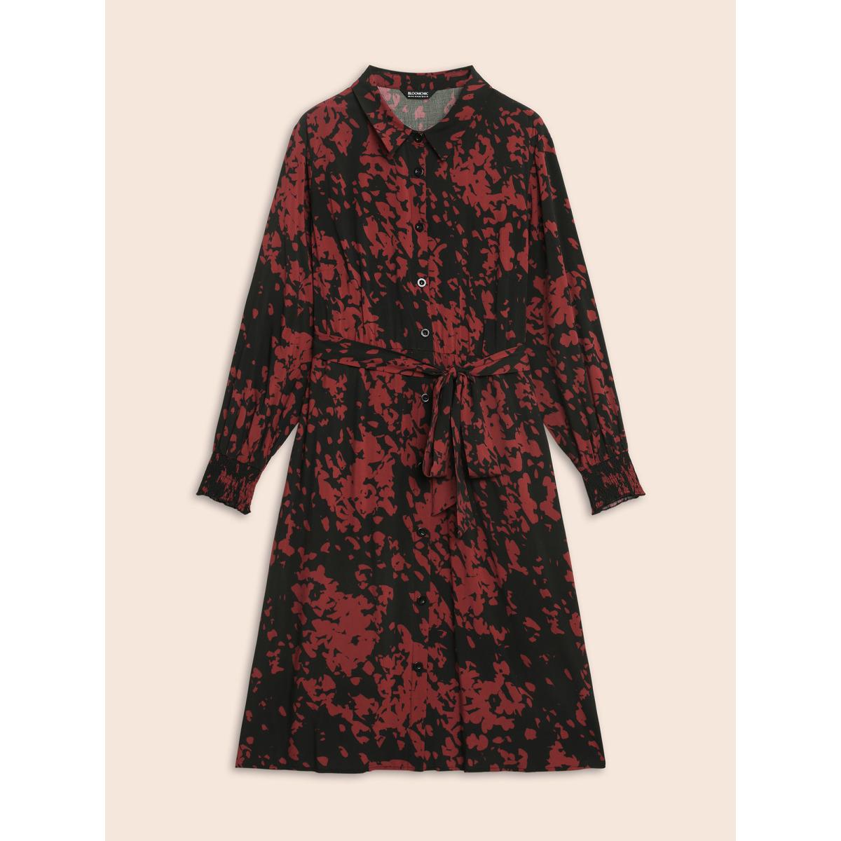 Plus Size Silhouette Floral Print Shirt Collar Belted Dress BlackFlower Women Elegant Belted Shirt collar Long Sleeve Curvy BloomChic 10/M Product Image