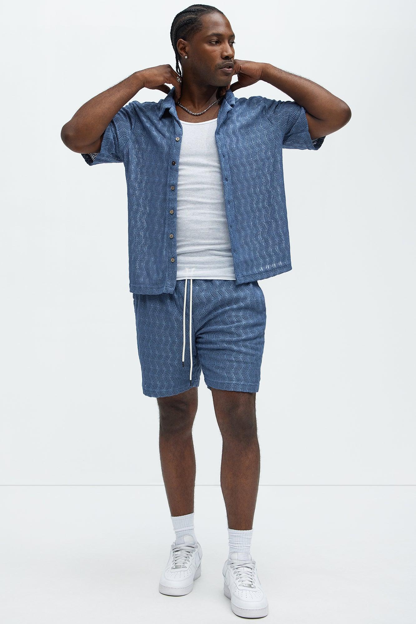 Echo Textured Short Sleeve Button Up - Blue Product Image