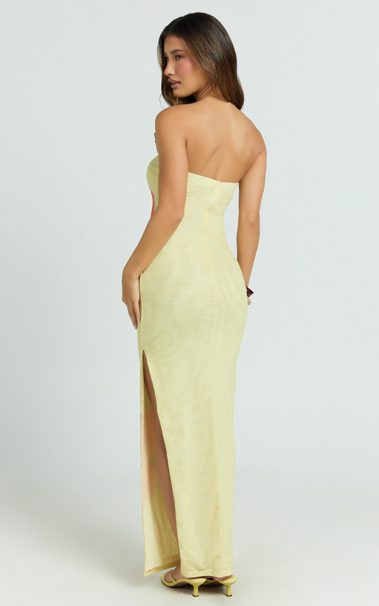 Aretta Maxi Dress - Strapless Fitted Placement Mesh Print Dress in Orchid Print Product Image