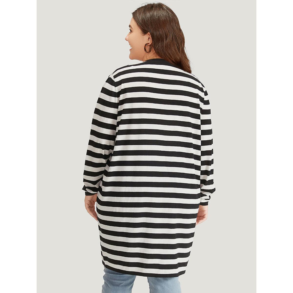 Plus Size Striped Open Front Drop Shoulder Tunic Cardigan Black Women Casual Loose Long Sleeve Dailywear Cardigans BloomChic 26/4X Product Image