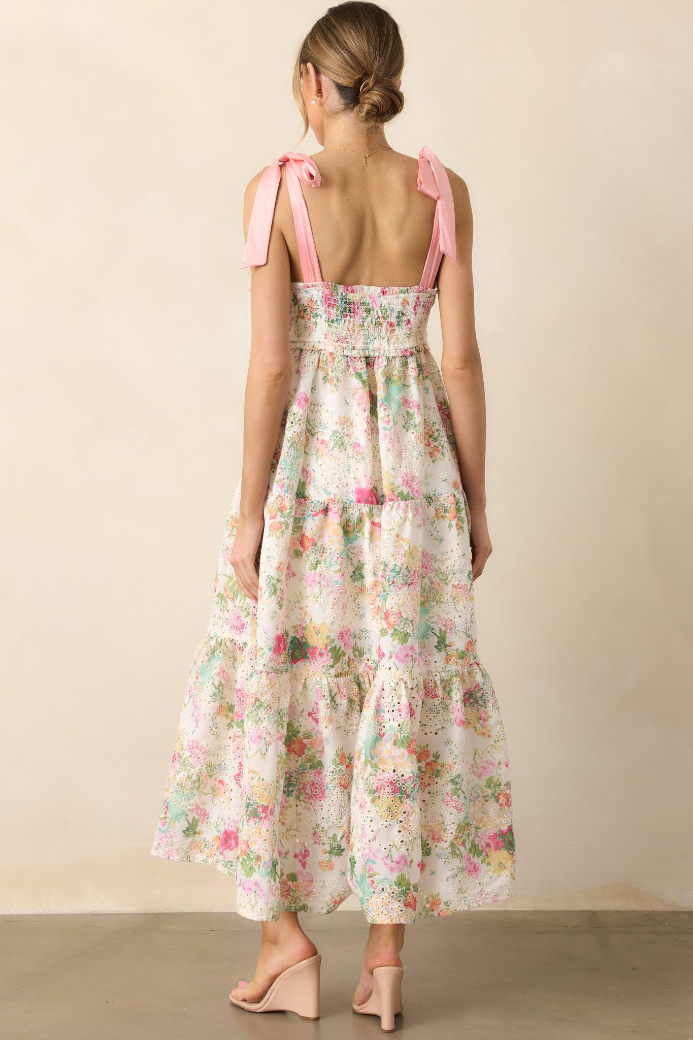 Invite Only Light Pink Multi Floral Embroidered Eyelet Midi Dress Product Image