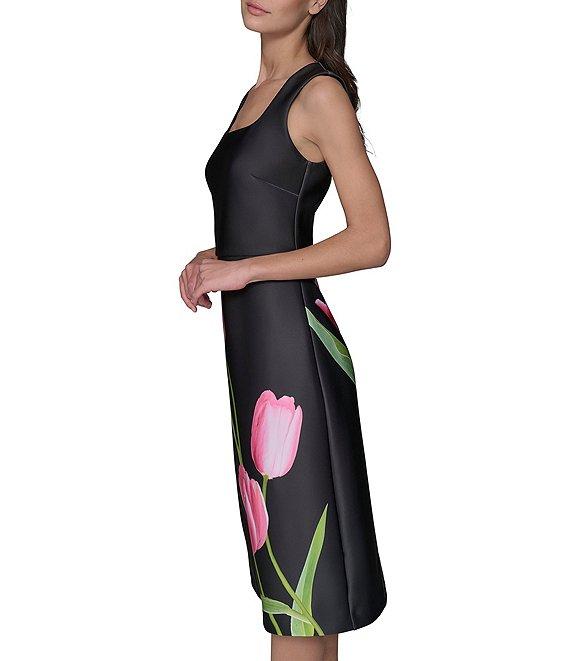 KARL LAGERFELD PARIS Scuba Tulip Print Square Neck Sleeveless Shift Midi Dress Product Image