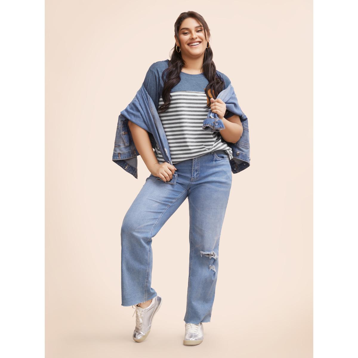 Plus Size Striped Patchwork Round Neck Patched Pocket T-shirt Multicolor Women Casual Patchwork Striped Round Neck Dailywear T-shirts BloomChic 26/4X Product Image