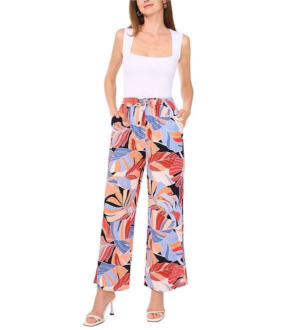 Vince Camuto Woven Tropical Palm Print Drawstring Waist Wide Leg Pants Product Image