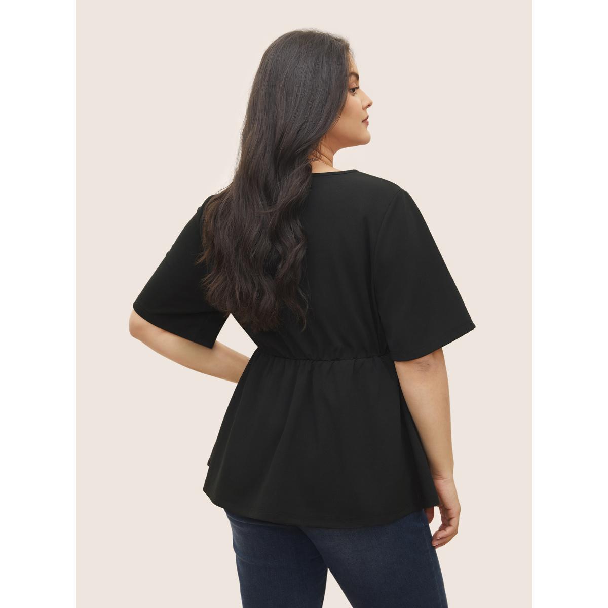 Plus Size Black Pearl Beaded Gathered Elastic Waist Blouse Women Elegant Short sleeve Round Neck Everyday Blouses BloomChic 14-16/1X Product Image