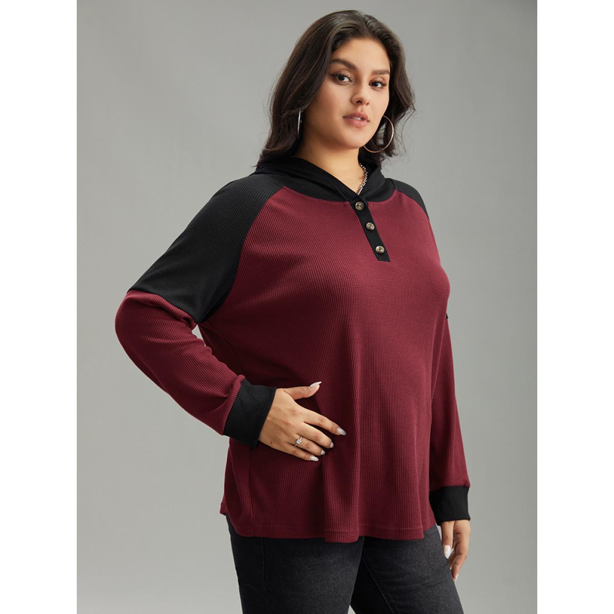 Plus Size Waffle Knit Hooded Button Up Sweatshirt Women Burgundy Casual Contrast Hooded Dailywear Sweatshirts BloomChic 14-16/1X Product Image