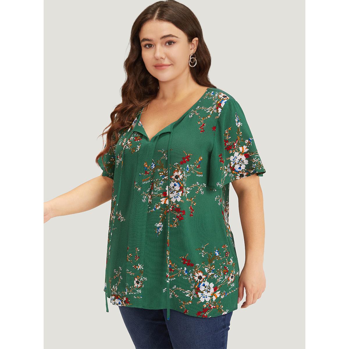Plus Size Green Floral Print Knot Neck Blouse Women Elegant Short sleeve Tie Neck Dailywear Blouses BloomChic 22-24/3X Product Image