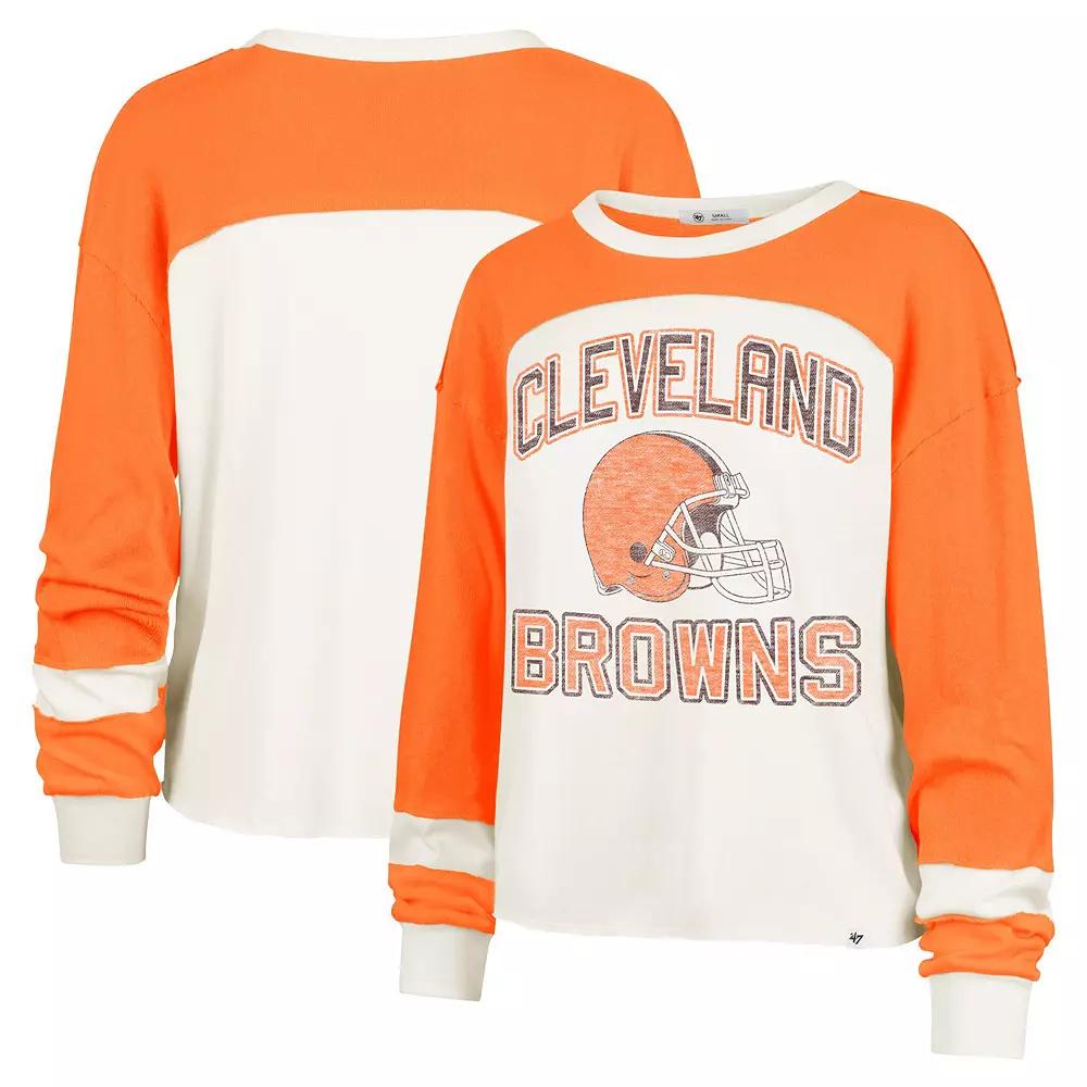 Women's '47 Cream Cleveland Browns Double Header Curve Raglan Long Sleeve Crop Top, Size: XL, Beige Product Image