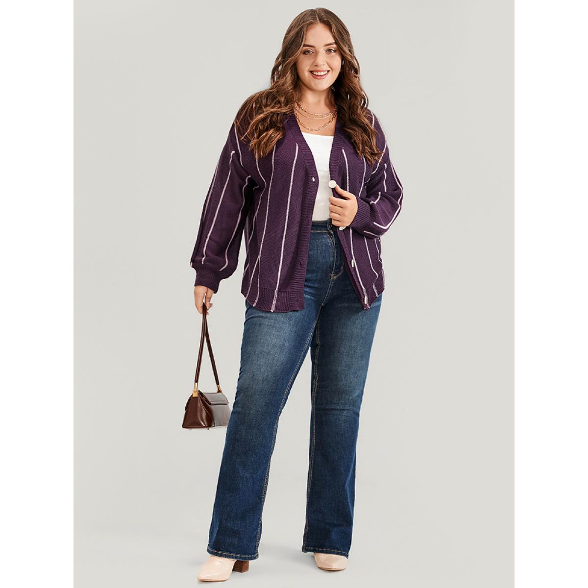 Plus Size Vertical Striped Contrast Pointelle Knit Lantern Sleeve Button Front Cardigan Eggplant Women Casual Loose Long Sleeve Dailywear Cardigans BloomChic 12/L Product Image