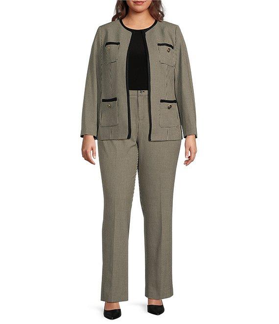 Anne Klein Plus Size Houndstooth Novelty Trim Open Front Collarless Jacket Product Image