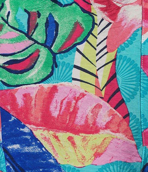 Ali Miles Plus Size Woven Tropical Leaf Print Round Neck 3/4 Sleeve Top Product Image