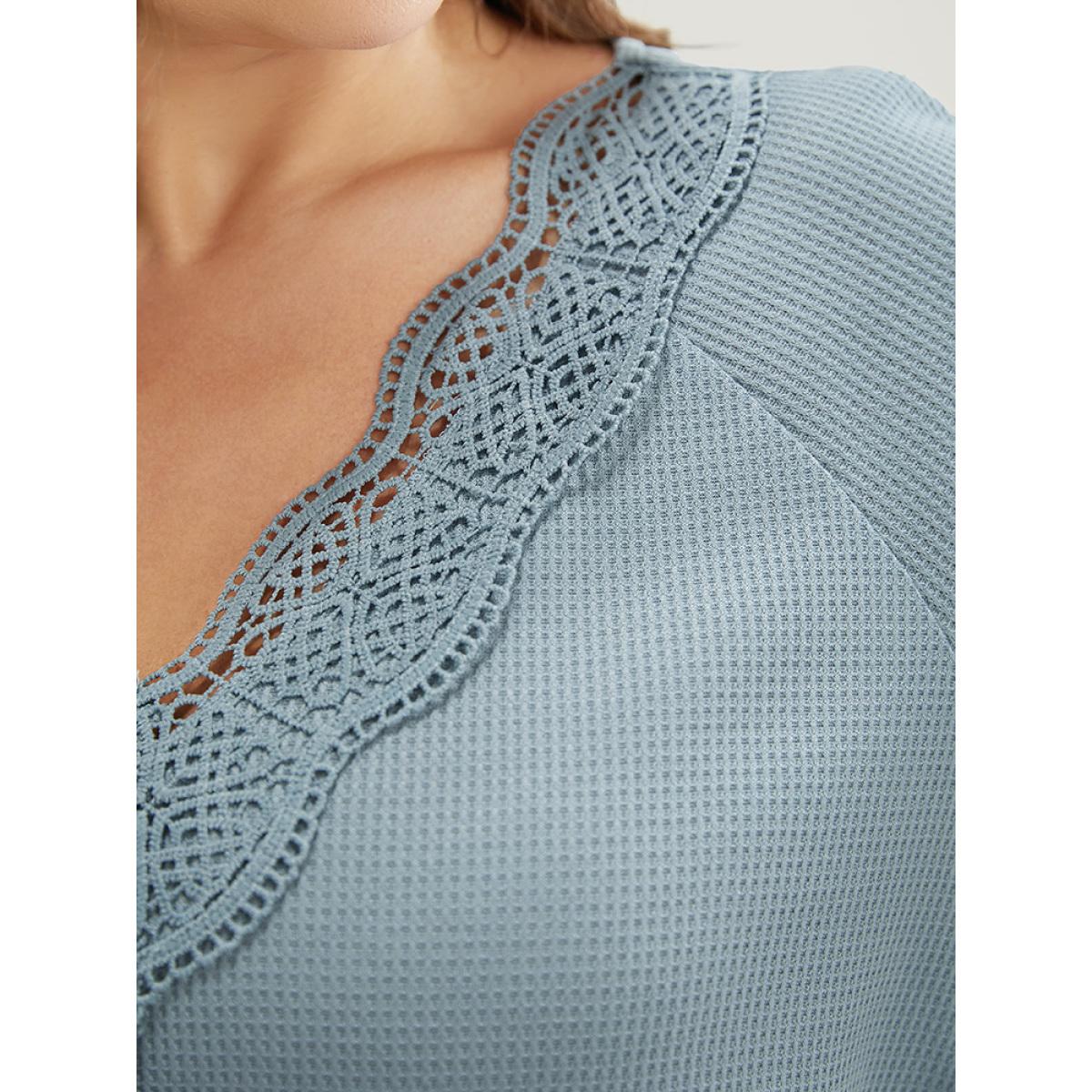 Plus Size Solid Raglan Sleeve Contrast Lace Waffle Knit T-shirt Stone Women Elegant Plain V-neck Dailywear T-shirts BloomChic 18-20/2X Product Image