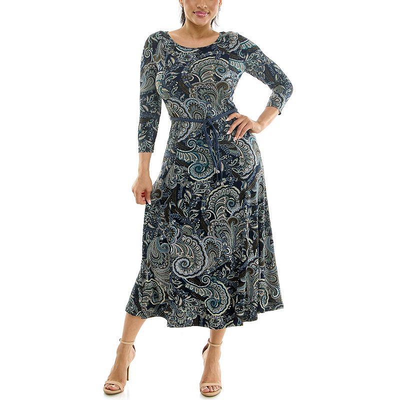 Women's Nina Leonard Sylvia Three-Quarter Sleeve Belted Midi Dress,  Product Image