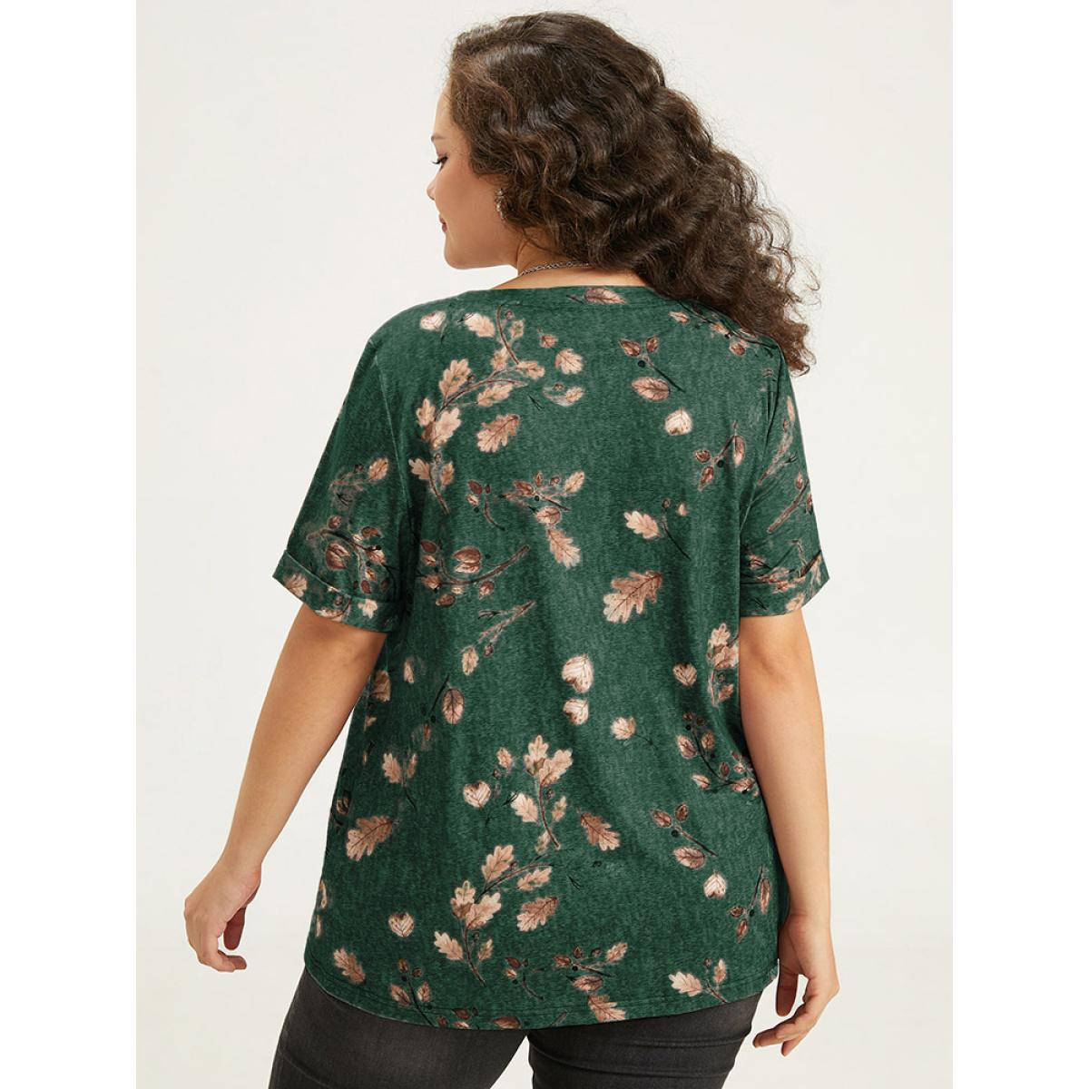 Plus Size Halloween Letter & Plant Print Cuffed Sleeve T-shirt Green Women Casual Printed Positive slogan Round Neck Festival-Halloween T-shirts BloomChic 14-16/1X Product Image