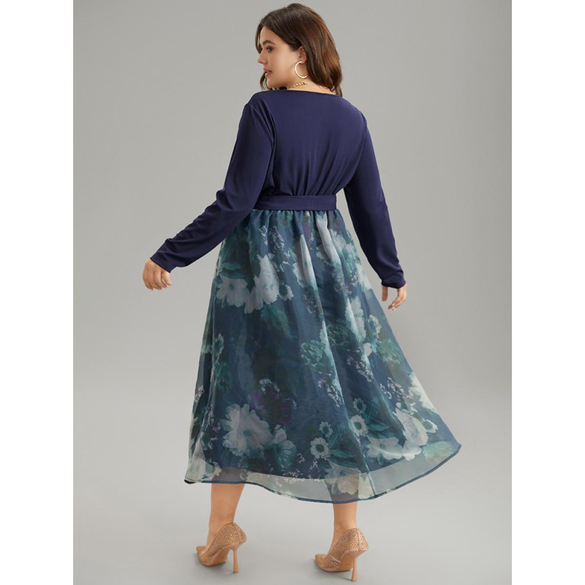 Plus Size Floral Print Belted Patchwork Mesh Dress DarkBlue Women Elegant Belted V-neck Long Sleeve Curvy Midi Dress BloomChic 10/M Product Image