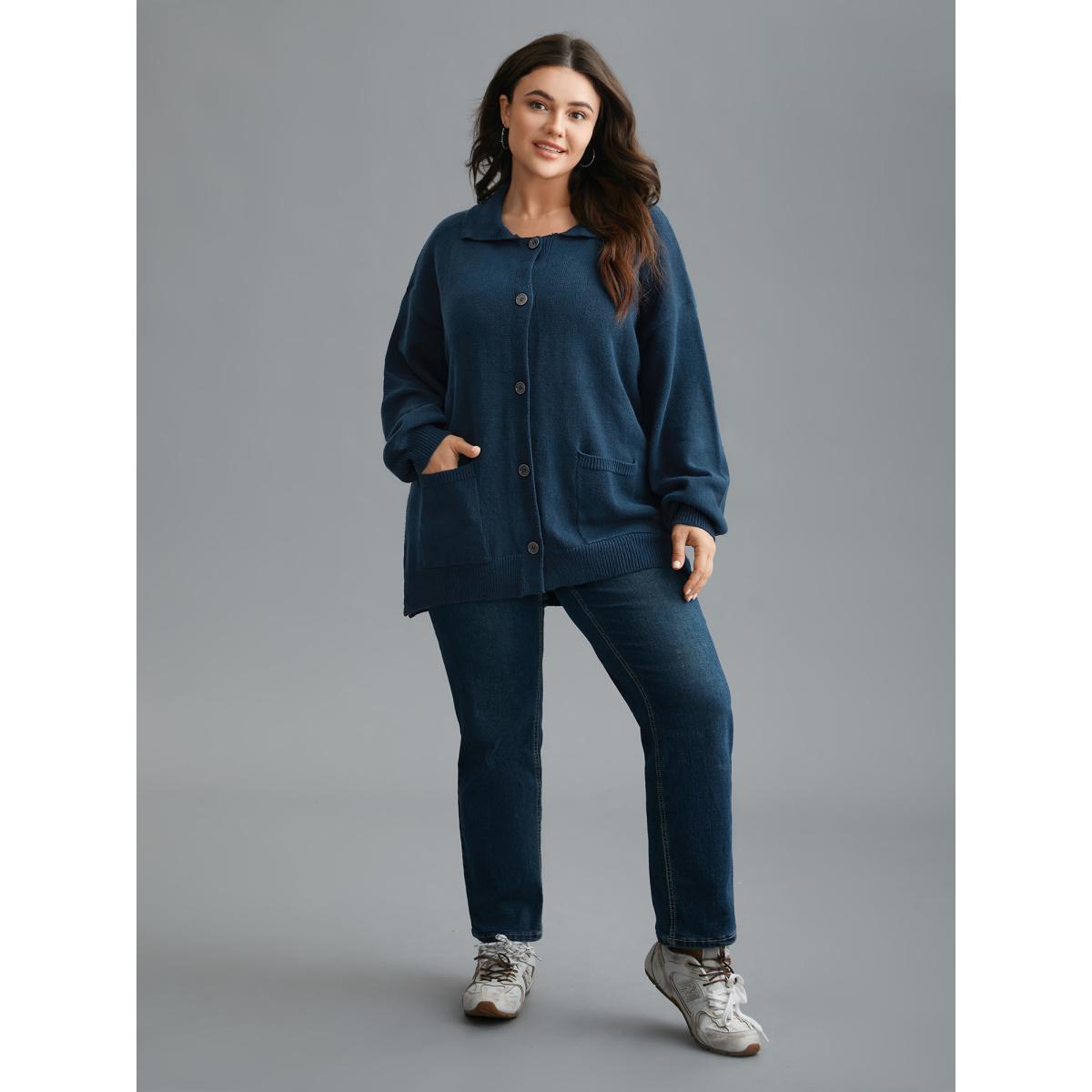 Plus Size Supersoft Essentials Shirt Collar Pockets Knit Cardigan Aegean Women Casual Loose Long Sleeve Everyday Cardigans BloomChic 28/5X Product Image