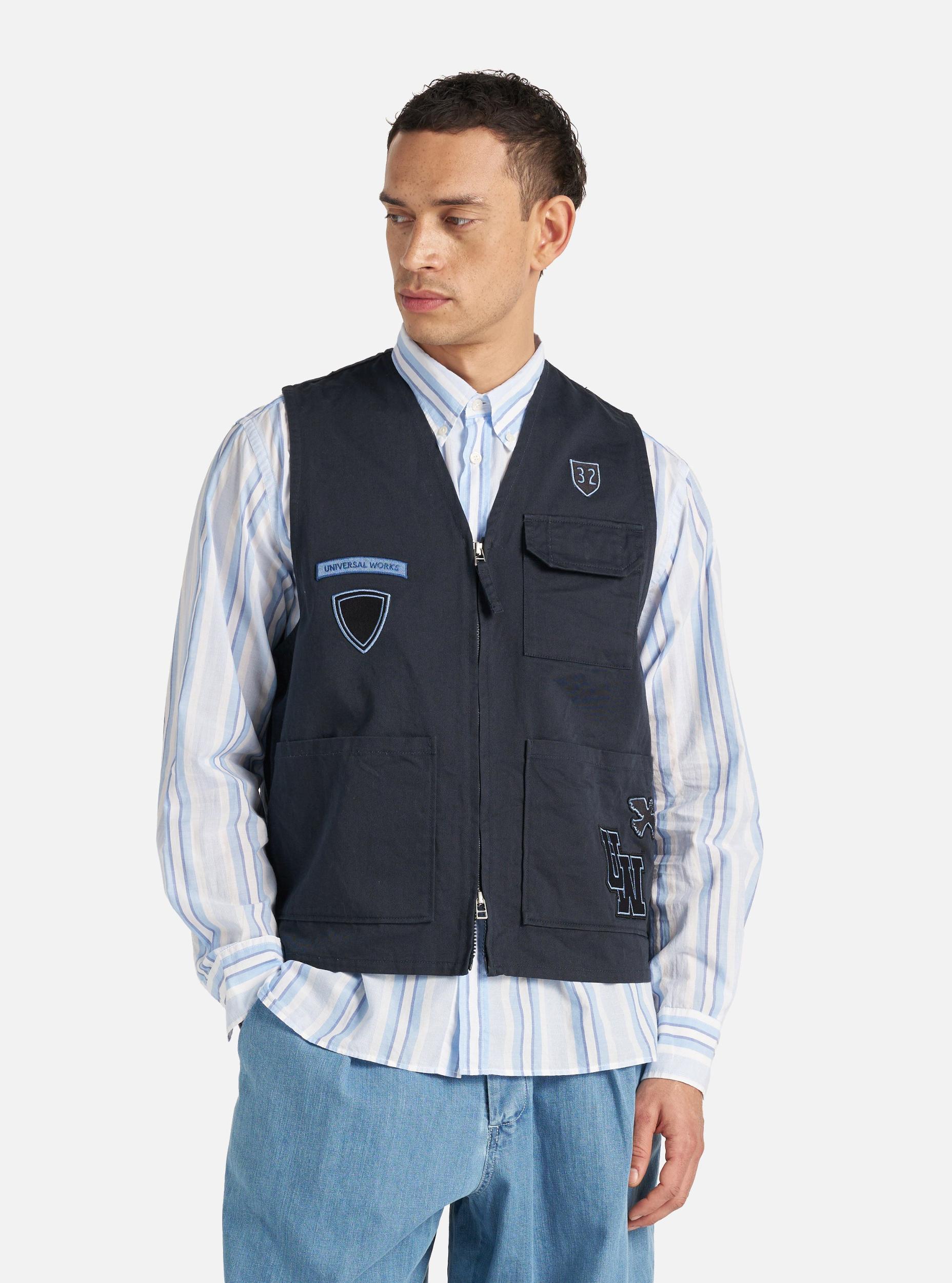 Universal Works Marine Gilet in Navy Twill/Badges Product Image