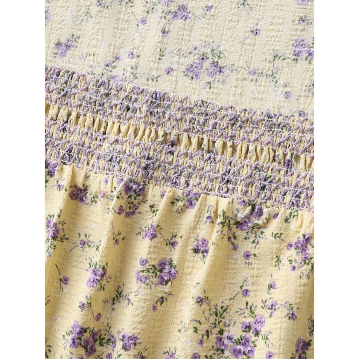 Plus Size Lightyellow Floral Print Shirred Neck Color Contrast Blouse Women Short sleeve Square Neck Everyday-Elegant Blouses BloomChic 22-24/3X Product Image