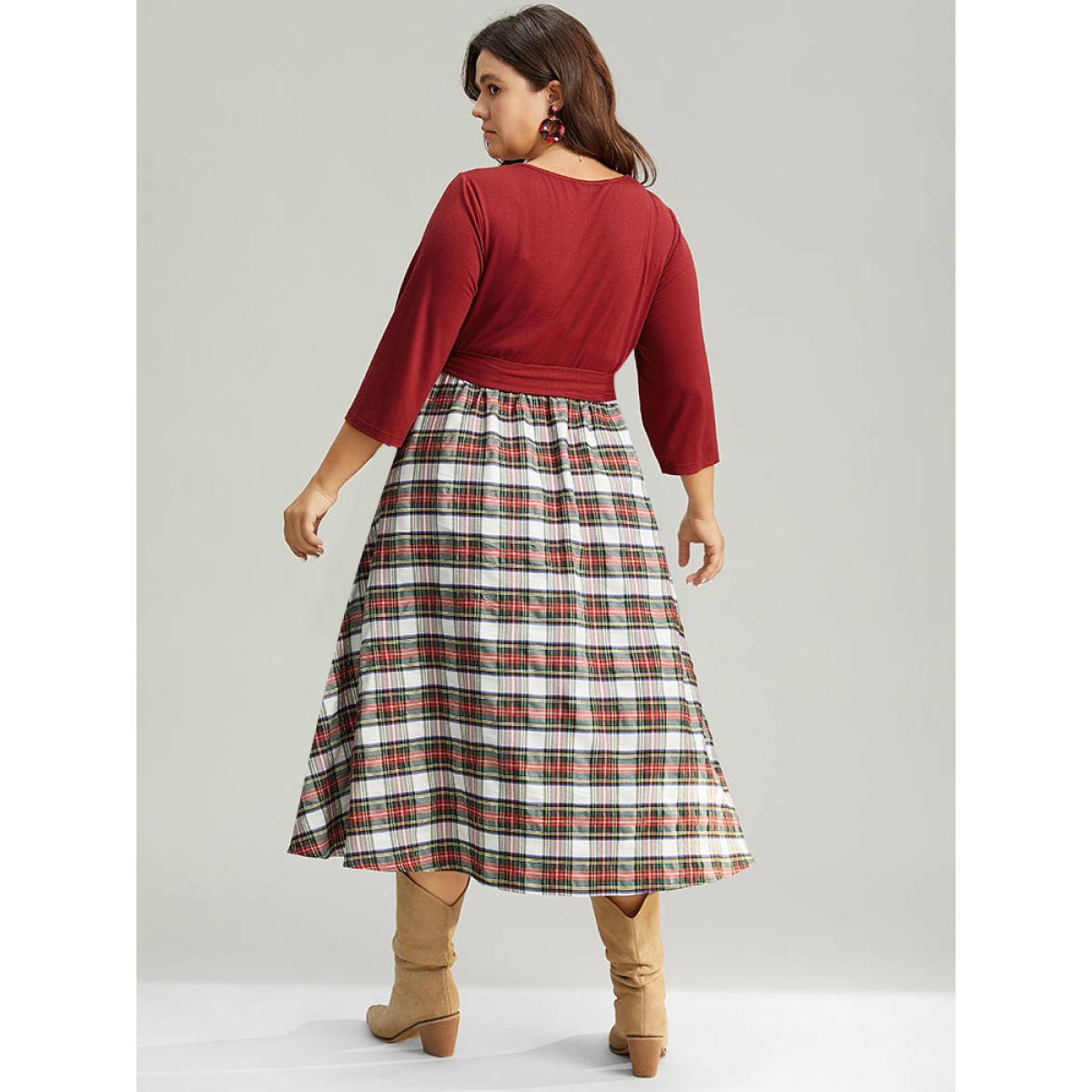 Plus Size Christmas Plaid Patchwork Ruched Belted Dress Red Women Work From Home Gathered V-neck Elbow-length sleeve Curvy Midi Dress BloomChic 12/L Product Image