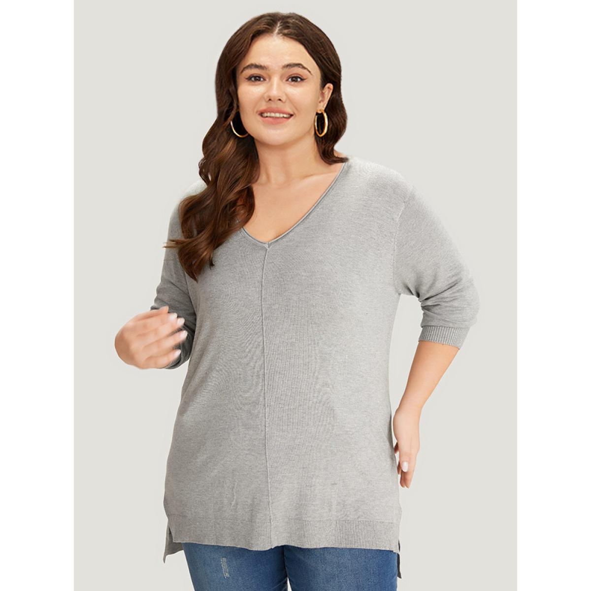Plus Size Supersoft Essentials Plain Patchwork Split Side Pullover LightGray Women Casual Loose Long Sleeve V-neck Everyday Pullovers BloomChic 18-20/2X Product Image