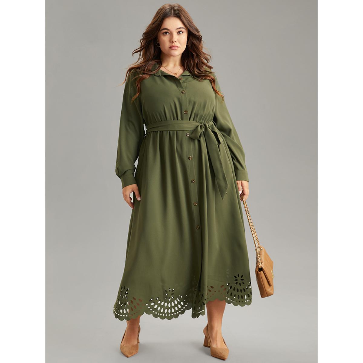 Plus Size Plain Laser Cut Button Through Belted Dress ArmyGreen Women Office Plain Shirt collar Long Sleeve Curvy Midi Dress BloomChic 30/6X Product Image