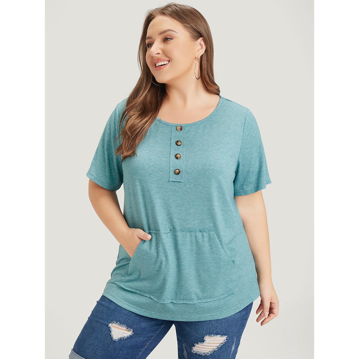 Plus Size Plain Heather Button Detail Patch Pocket T-shirt Cerulean Women Casual Heather Plain Round Neck Dailywear T-shirts BloomChic 22-24/3X Product Image