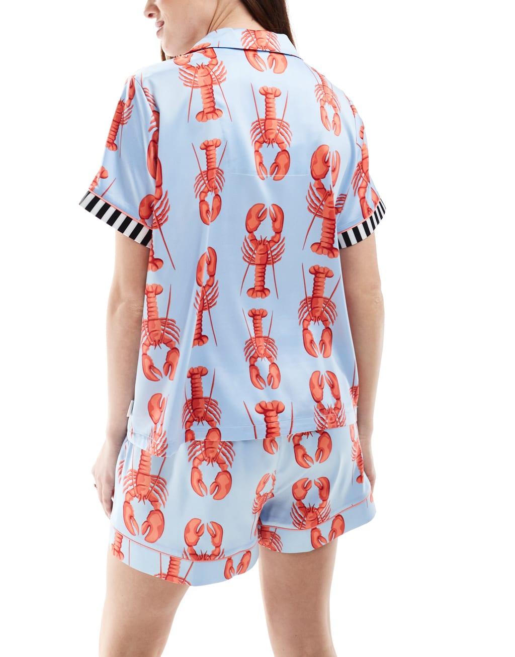 Chelsea Peers satin short sleeve revere top and short set in Lobster print  Product Image