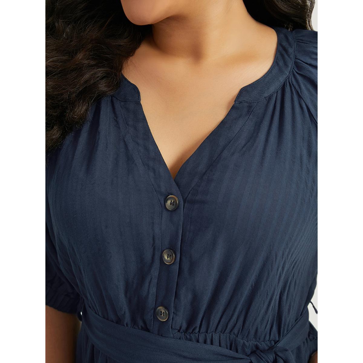 Plus Size Solid Button Through Notched Belted Dress Navy Women Office Elastic cuffs Notched collar Short sleeve Curvy Midi Dress BloomChic 30/6X Product Image