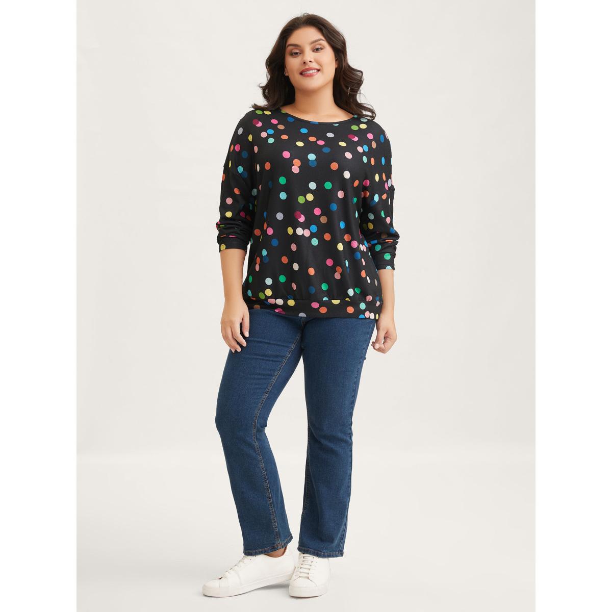 Plus Size Color Polka Dot Drop Shoulder T-Shirt Black Women Playful Contrast Round Neck Casual T-shirts BloomChic 28/5X Product Image