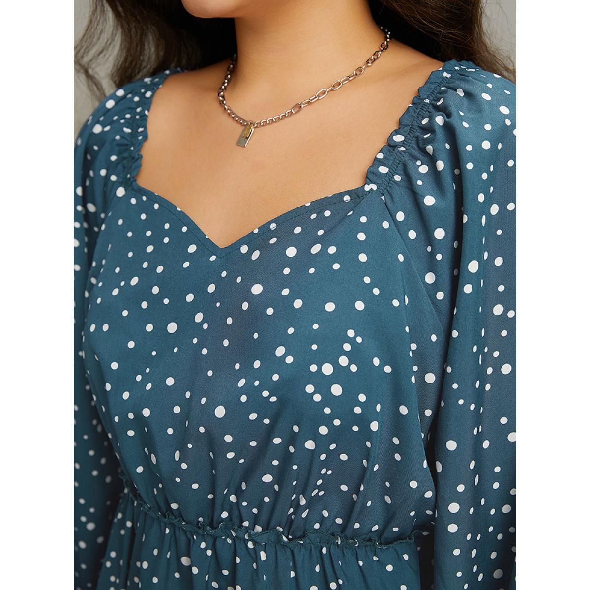 Plus Size Aegean Polka Dot Square Neck Gathered Blouse Women Elegant Long Sleeve Square Neck Everyday Blouses BloomChic 30/6X Product Image