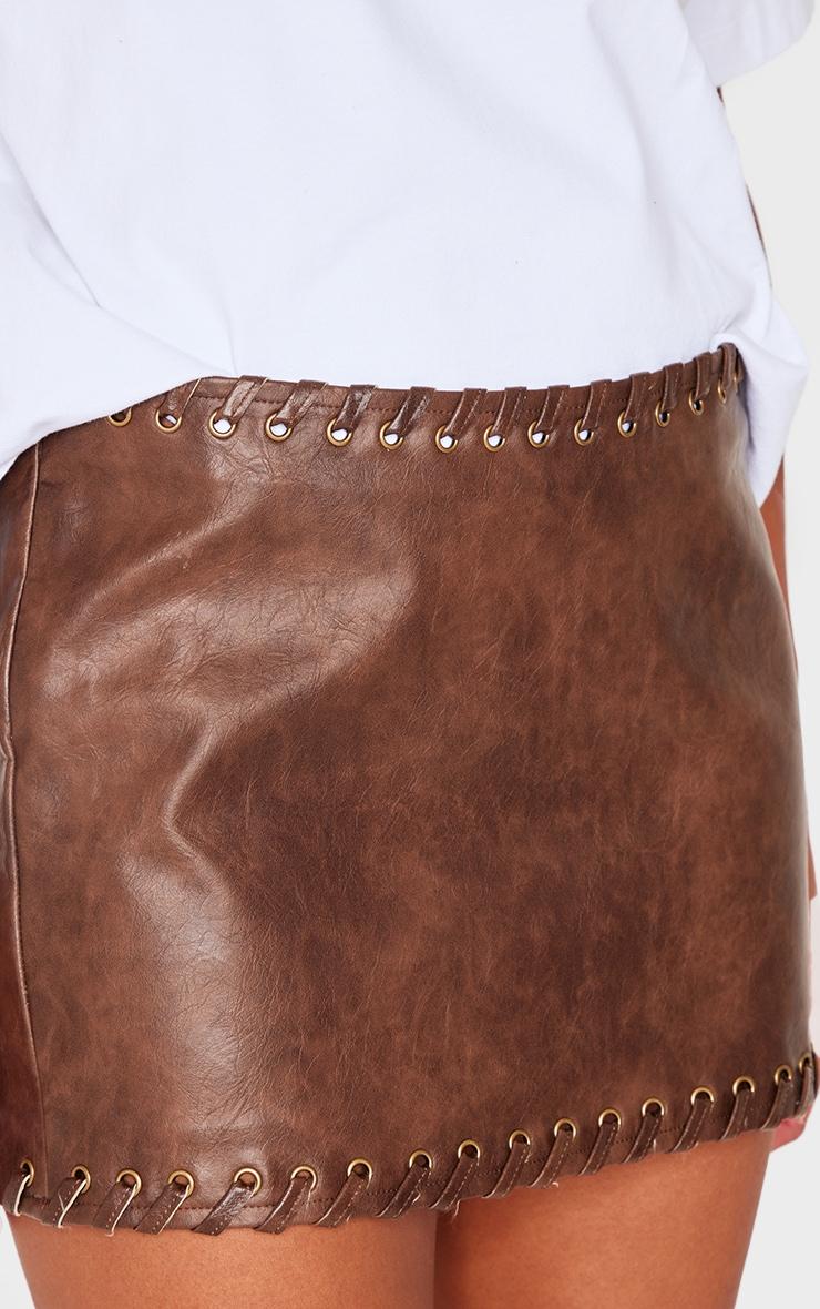 Chocolate Brown Faux Leather Plaited Mini Skirt Product Image