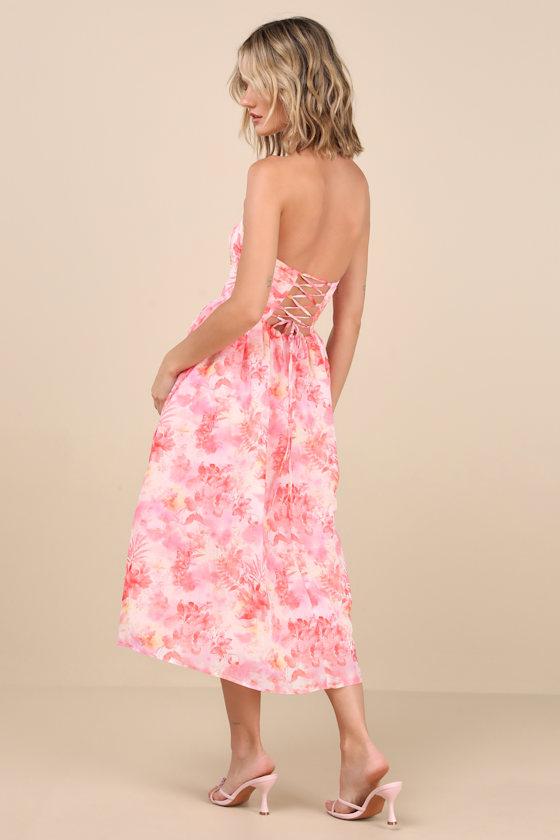 Eulalia Pink Floral Lace-Up Strapless Bustier Midi Dress Product Image