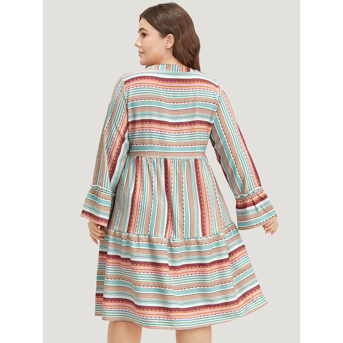 Plus Size Contrast Striped Notched Layered Hem Bell Sleeve Dress Multicolor Women Vacation Gathered Notched collar Long Sleeve Curvy Midi Dress BloomChic 28/5X Product Image