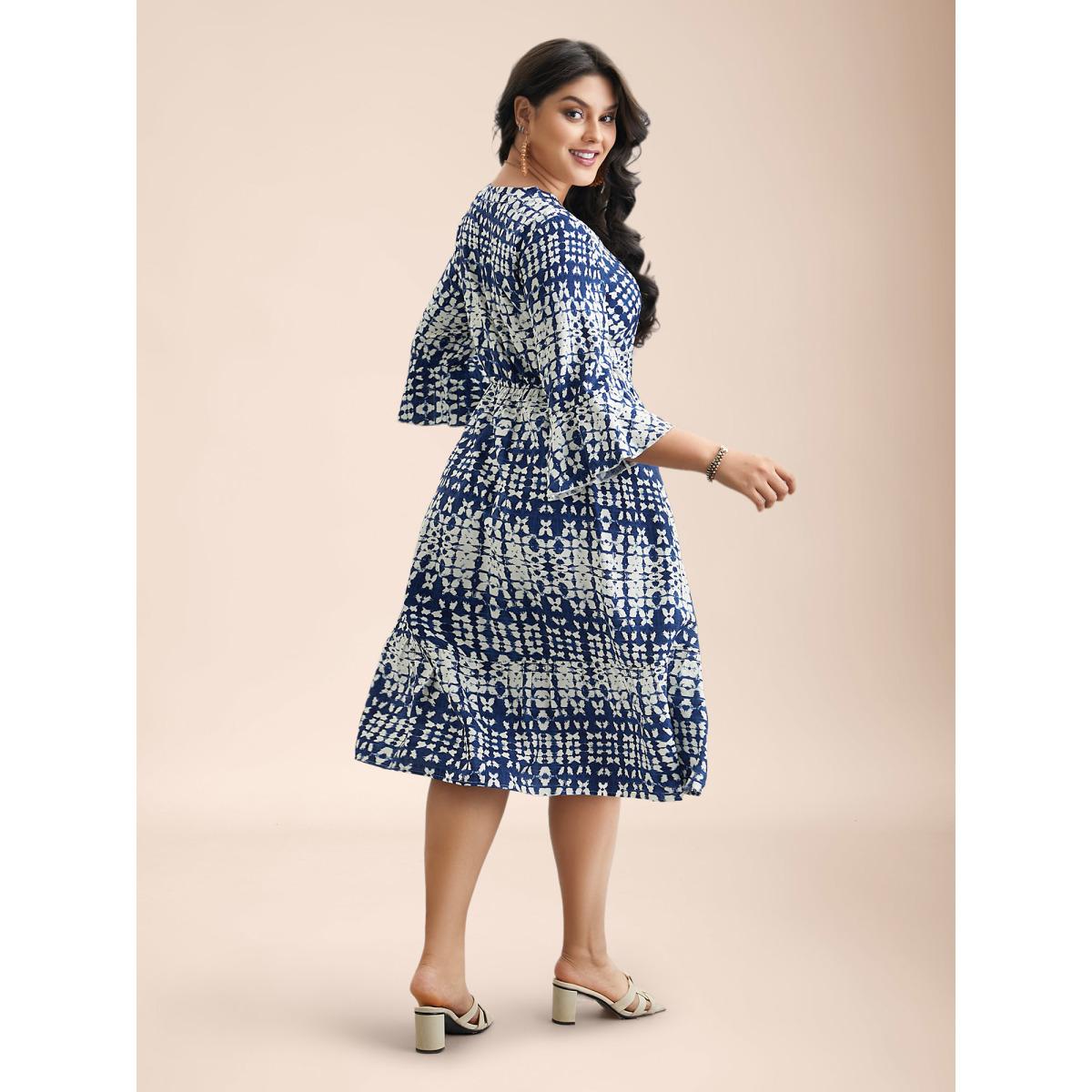 Plus Size Tie-Dye Notched Collar Ruffle Tiered Midi Dress Indigo Women Resort Ruffles Notched collar Elbow-length sleeve Curvy BloomChic 22-24/3X Product Image