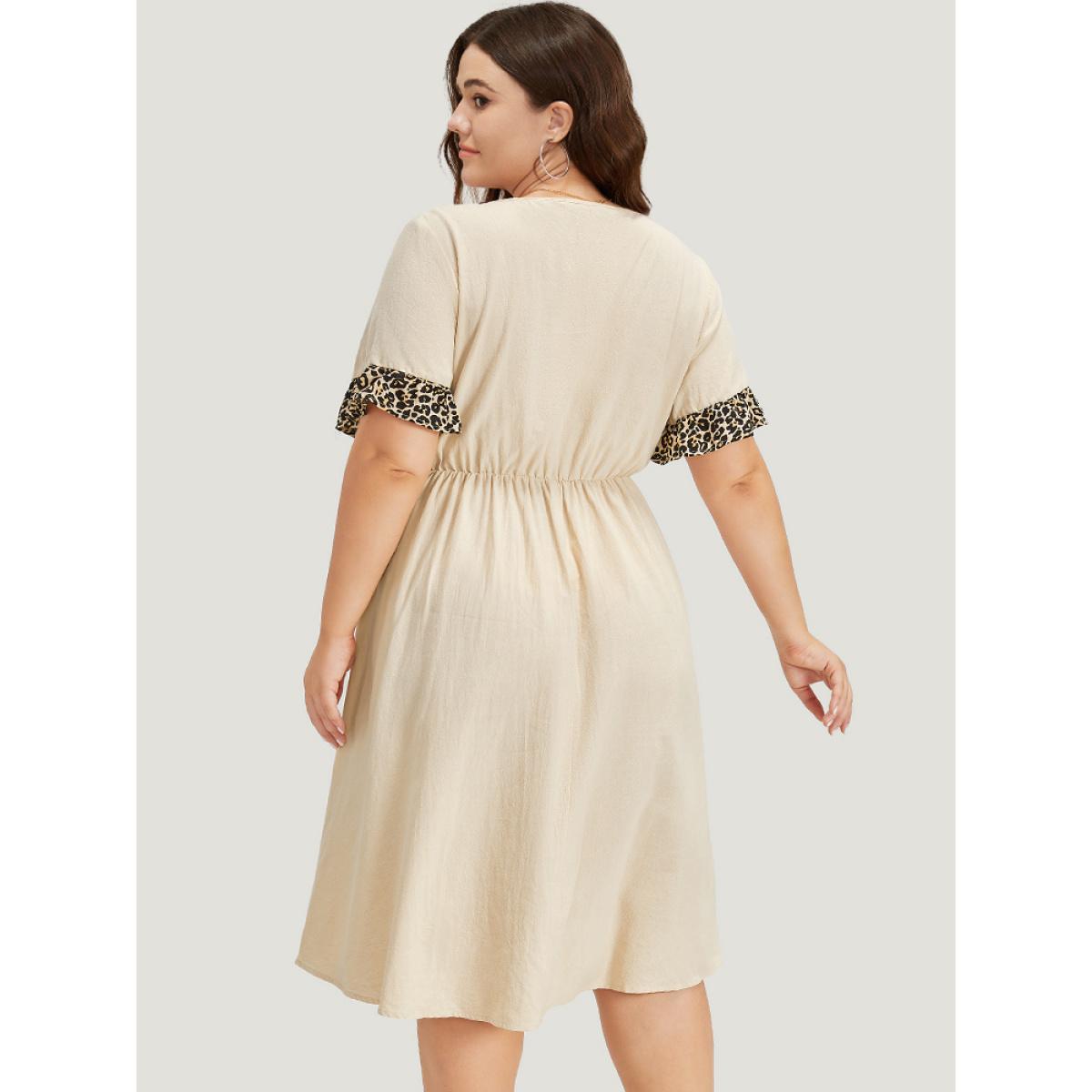 Plus Size Leopard Patchwork Pocket Flutter Trim Button Detail Dress Apricot Women Office Plain V-neck Short sleeve Curvy Midi Dress BloomChic 18-20/2X Product Image