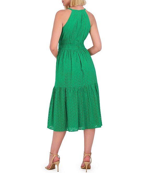 Vince Camuto Halter Neck Sleeveless Embroidered Midi Dress Product Image
