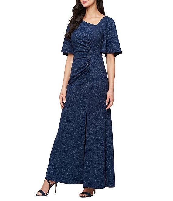 Ignite Evenings Metallic Knit L-Neck Short Sleeve Ruched Waist Gown Product Image