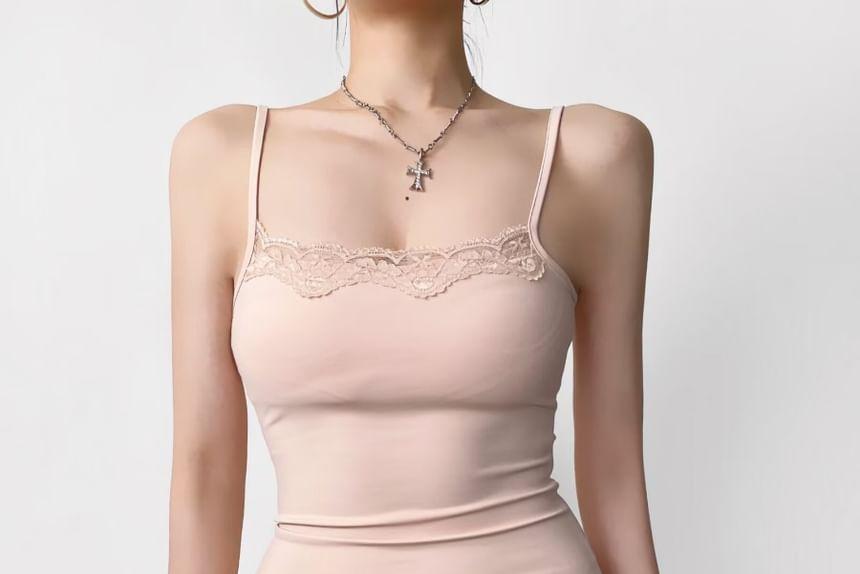 Spaghetti Strap Lace Trim Plain Mini Bodycon Dress Product Image